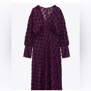 Zara V-Neck Mesh Dress With Gold Button Slit Cuffs And Mid-Calf Length.
